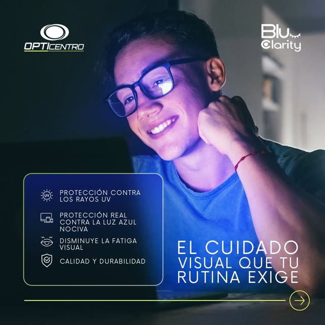 Arte de Blue Clarity: joven con gafas frente a una pantalla, «El cuidado visual que tu rutina exige», protección UV y contra la luz azul