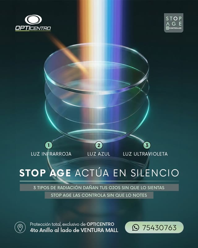 Arte de Stop Age: lentes atravesados por luz infrarroja, azul y ultravioleta, «Stop Age actúa en silencio»